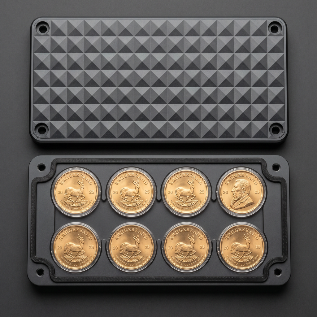 Münzbox ELDORADO - aus massivem Aluminium für 8x1 Unze Krügerrand Goldmünzen
